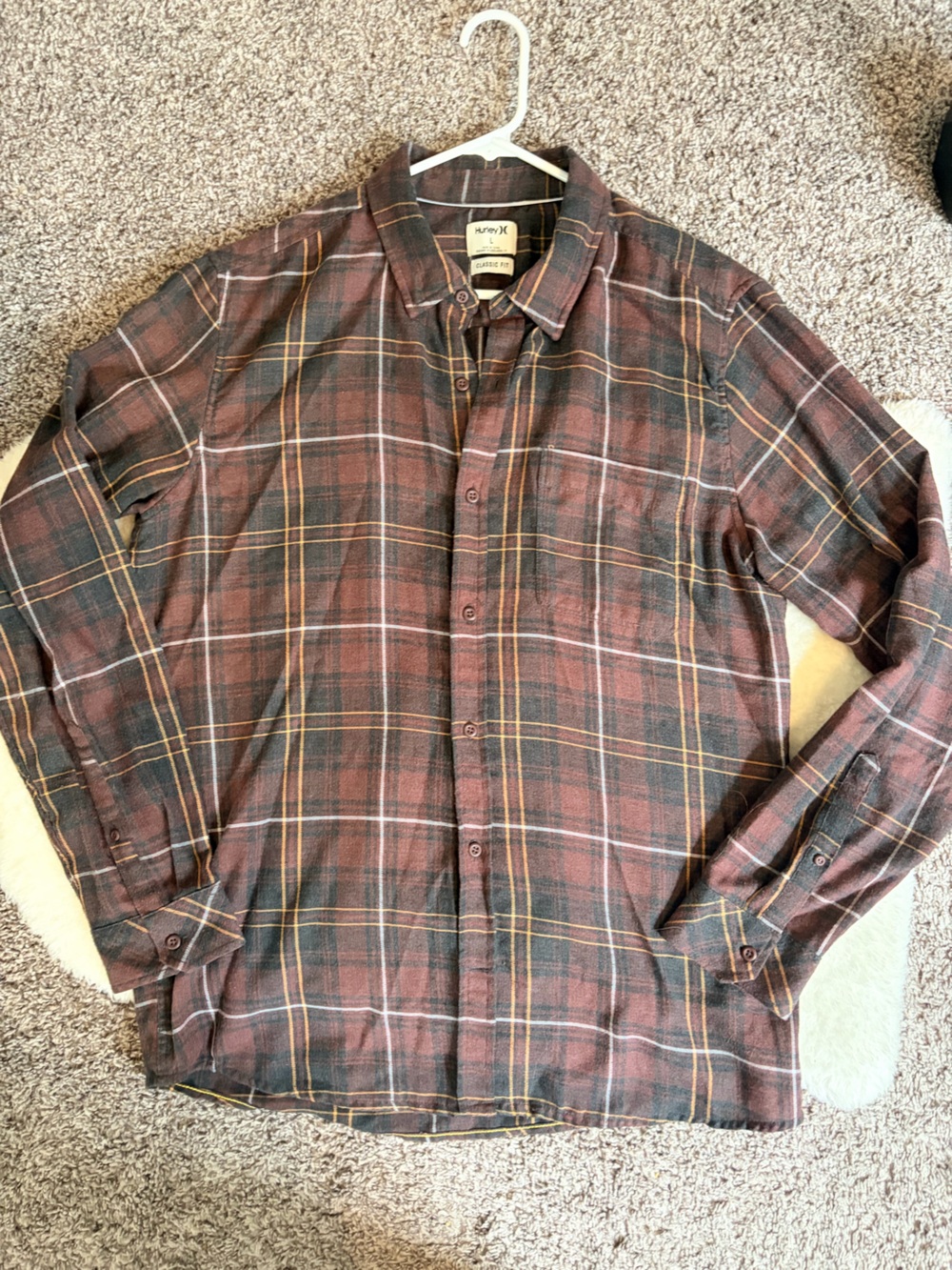 Hurley Men's Long Sleeve Red Plaid Button-Up Shirt, size large